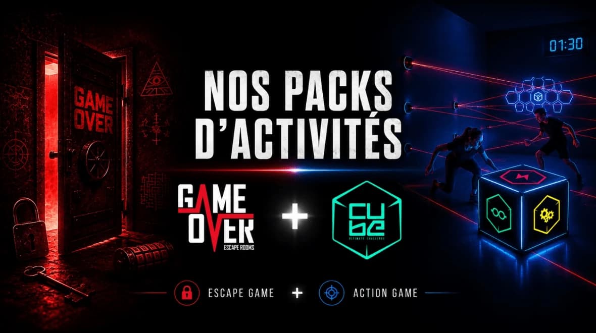 Visuel « Nos packs d'activités » : porte Game Over d'un côté, joueurs du Cube Challenge de l'autre, logos Game Over et Cube Challenge